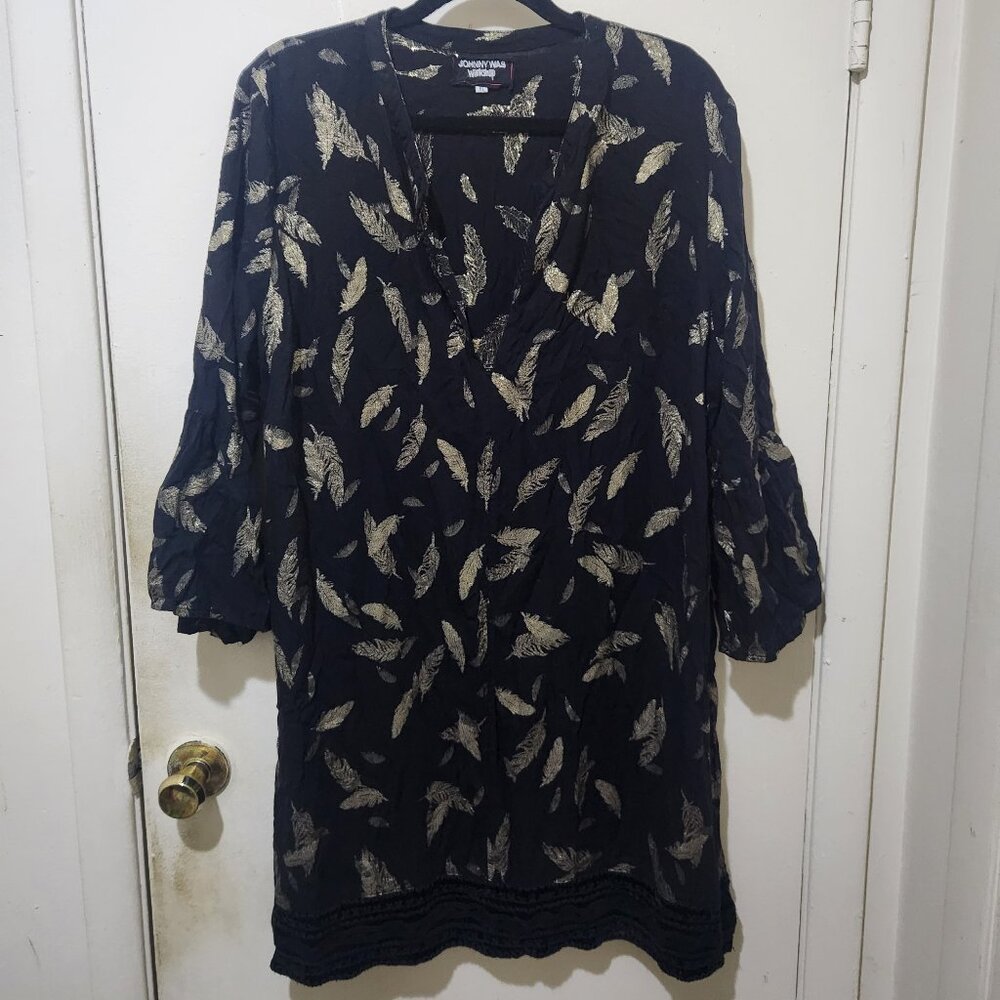 Johnny Was Black Dress with Gold Leaf Motif